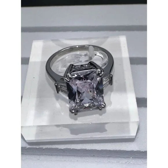 Silver Plated Cubic Zirconia Princess Cut Ring Size 6 - Picture 3 of 9